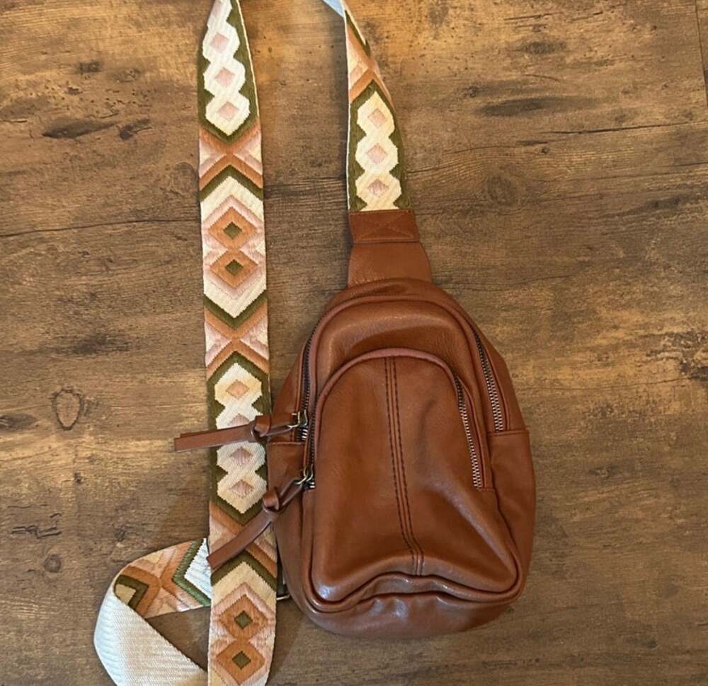 Southwestern bohemian chestnut brown faux leather mini one shoulder backpack - Picture 1 of 10